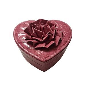 Heart Shaped Jewelry Box Faux Croc Leather Rose Top Mirror Velvet Interior Gift